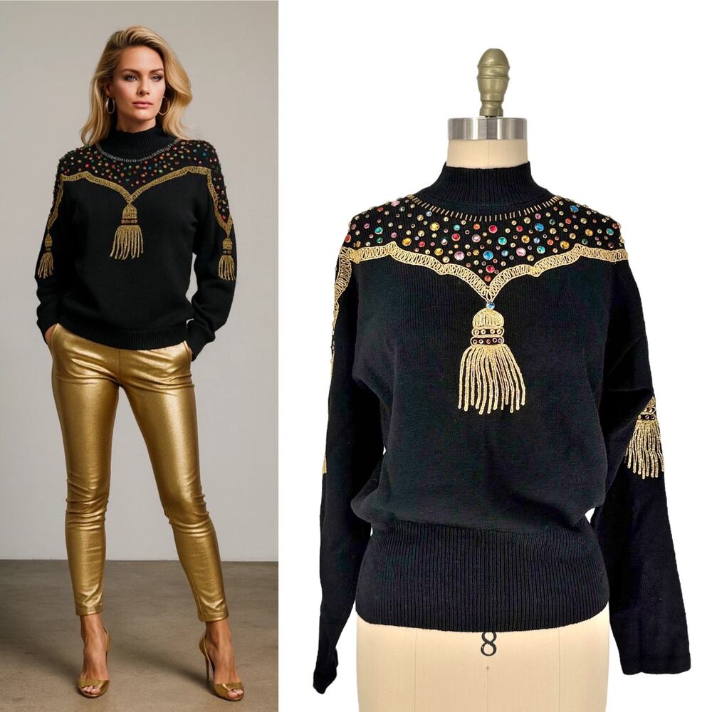 Vintage 80s Antonella Preve NY Gold Tassel + Studs + Rhinestone Sweater Medium - Picture 16 of 16